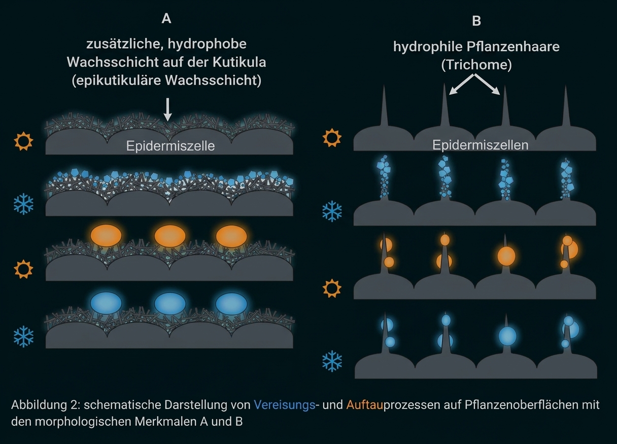 Schema von Pflanzenoberflächen mit Wachsschicht, Pflanzenhaaren sowie Vereisungs- und Auftauprozessen.